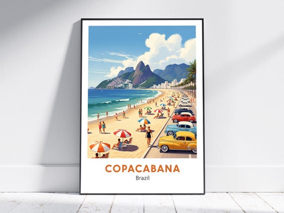 Copacabana Beach Brazil Art Print Retro Travel Poster Vintage Decor Living Room Office Wall