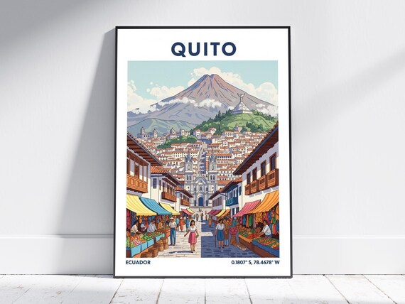 Quito Ecuador Volcano City Colonial Market Vintage Travel Poster