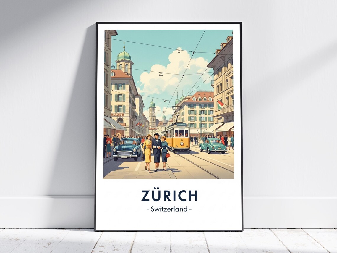 Zurich Switzerland Vintage Tram Street Scene Retro Travel Poster