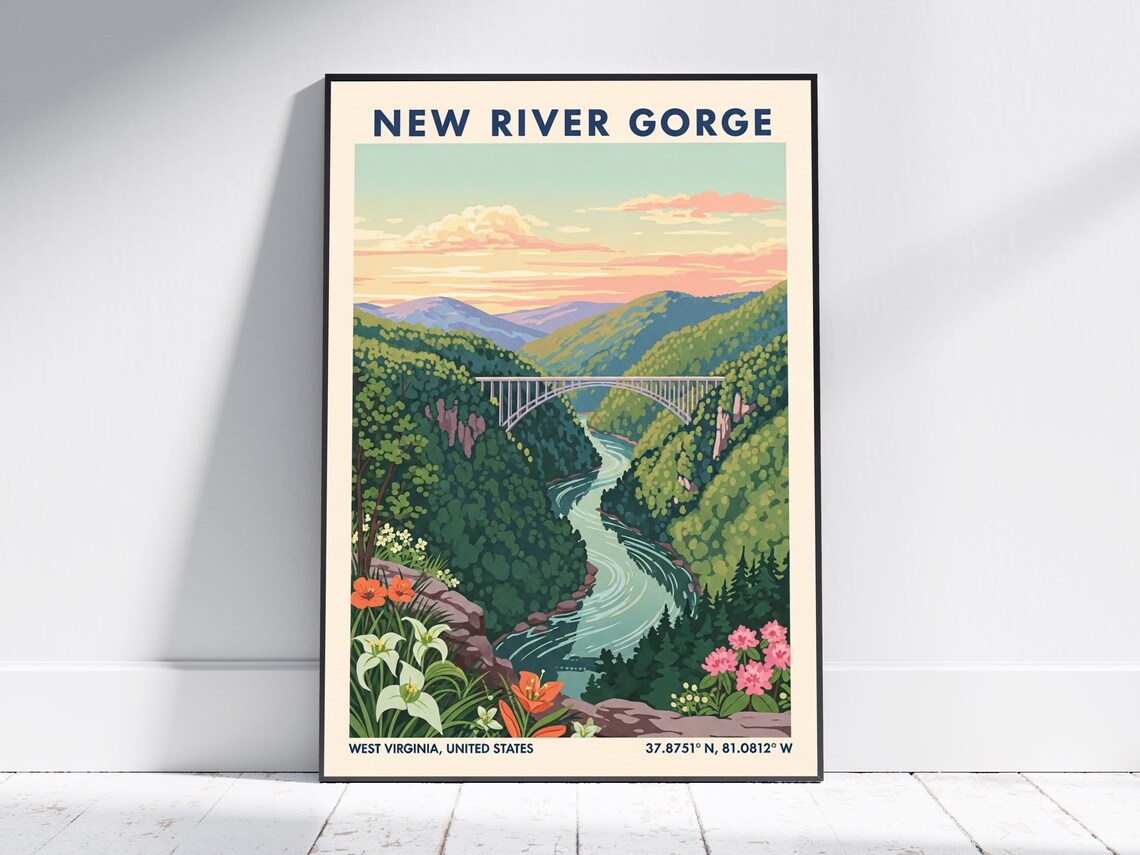 New River Gorge West Virginia Bridge Vintage Travel Poster Canyon River