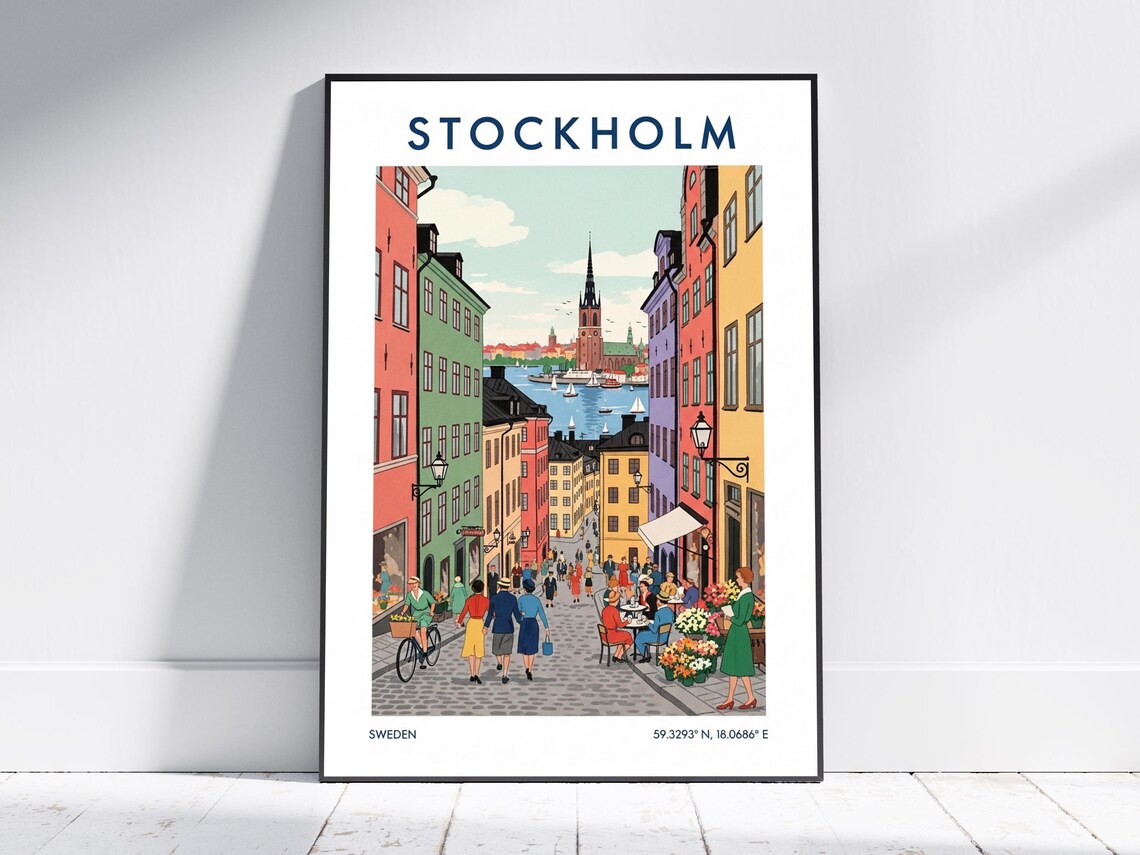 Stockholm Vintage Sweden Travel Retro Old Town Street Scene Poster