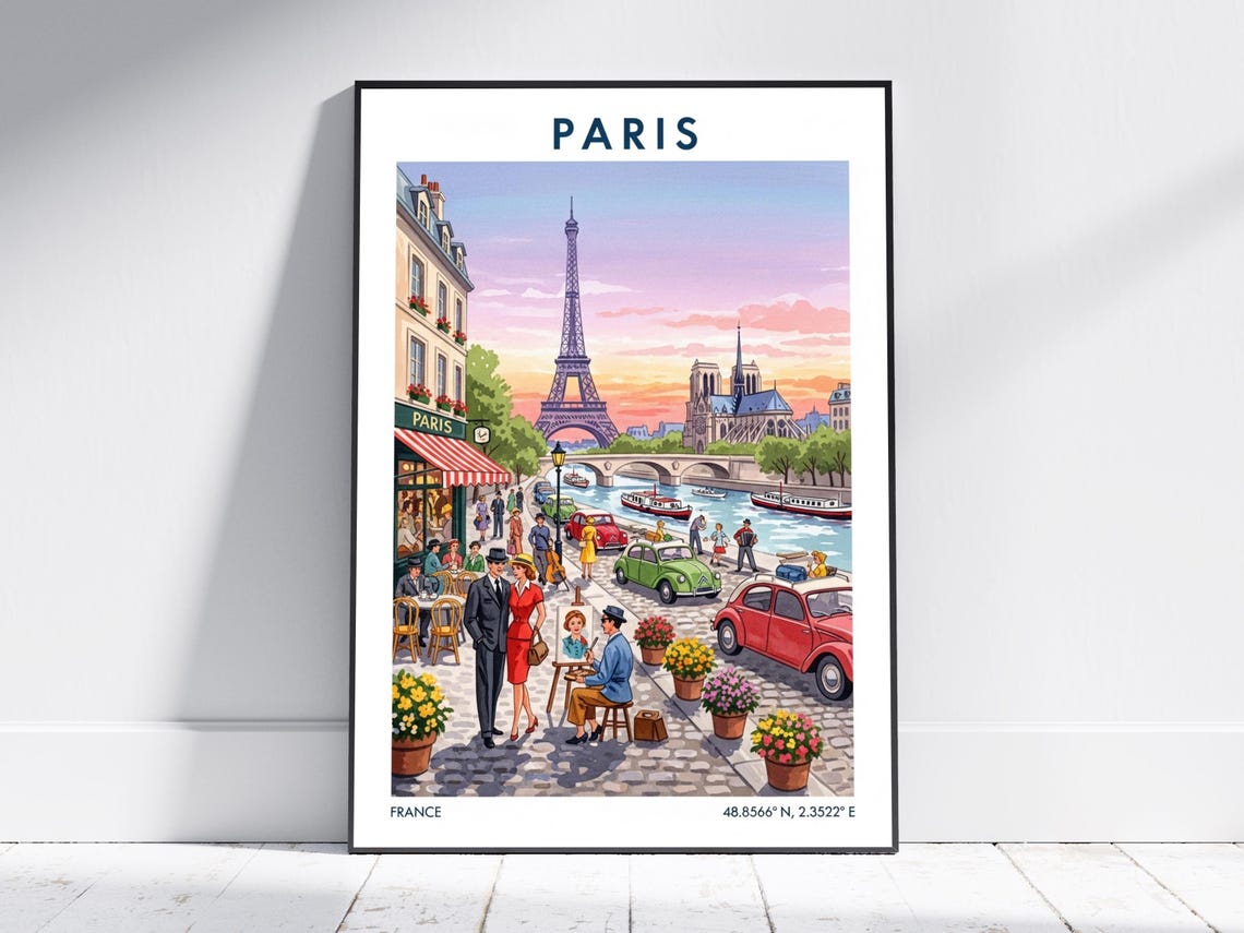 Paris France Eiffel Tower Vintage Travel Illustration Poster