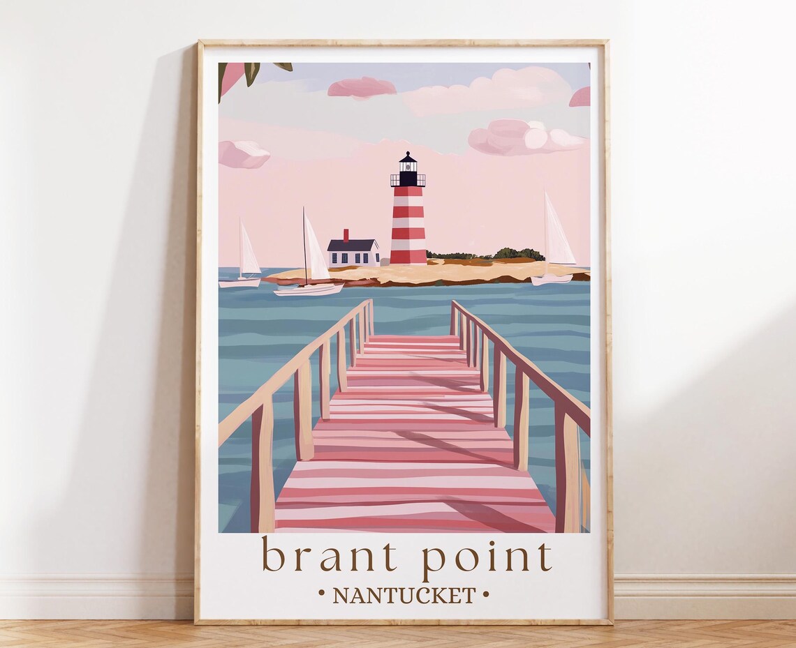 Brant Point Nantucket Travel Poster, Coastal Lighthouse Art