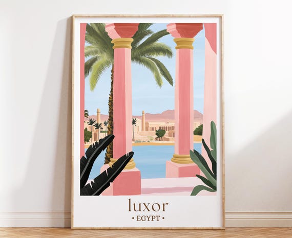 Luxor Egypt Art Print Ancient Ruins Travel Poster Illustrated Desert City Wall Decor