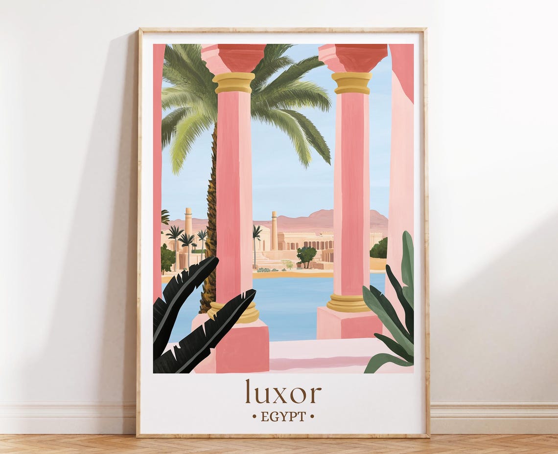 Luxor Egypt Pink Columns Palm Trees Nile Temple Scenic View Poster