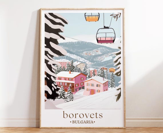 Borovets Bulgaria Poster Winter Ski Resort Wall Art Illustrated Mountain Travel Print