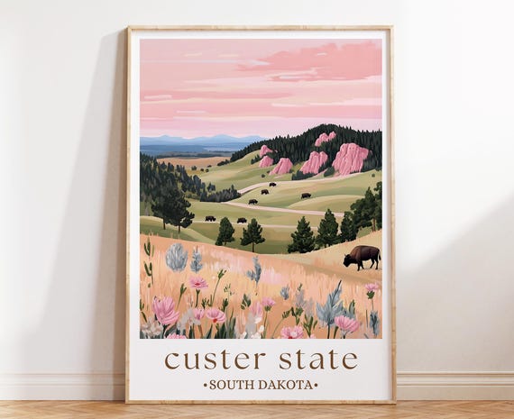 Custer State Park South Dakota Print Wildlife Travel Poster Scenic Landscape Wall Art Nature Decor National Illustration