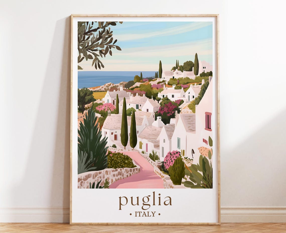 Puglia Italy Whitewashed Hill Village Cypress Sea View Poster