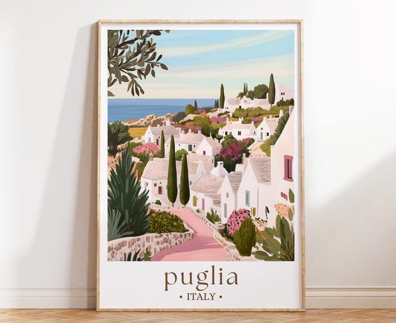 Puglia Italy Art Print Italian Coastal Travel Poster Whitewashed Village Illustration Mediterranean Wall Decor Southern Scene