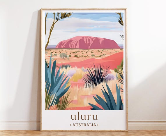 Uluru Australia Art Print Outback Landscape Poster Red Rock Travel Decor Australian Nature Illustration Desert Wall