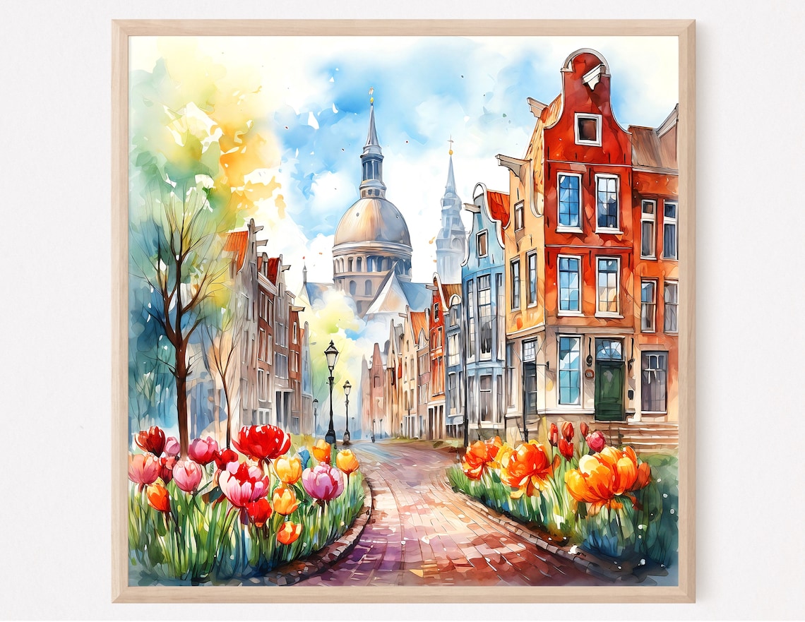 Amsterdam Tulip Street Watercolor Painting Canal Houses Art Poster