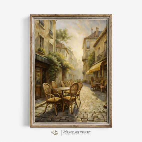 Vintage France Street Cafe Print Wicker Chair French Country Decor Warm Tone Oil Painting Architecture Wall Art 511