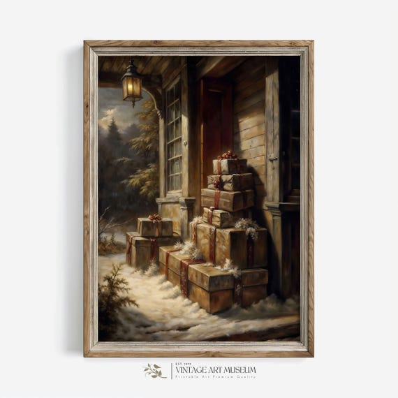 Christmas Gifts Winter Scene Rustic Xmas Moody Wall Art Vintage Style Oil Painting Large Cottagecore Room Decor 63