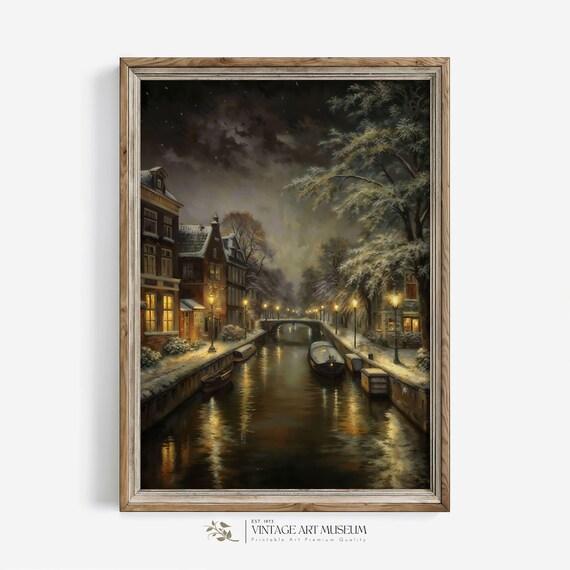 Snowy Amsterdam Canal At Night Lamplight Reflections Vintage Art Poster
