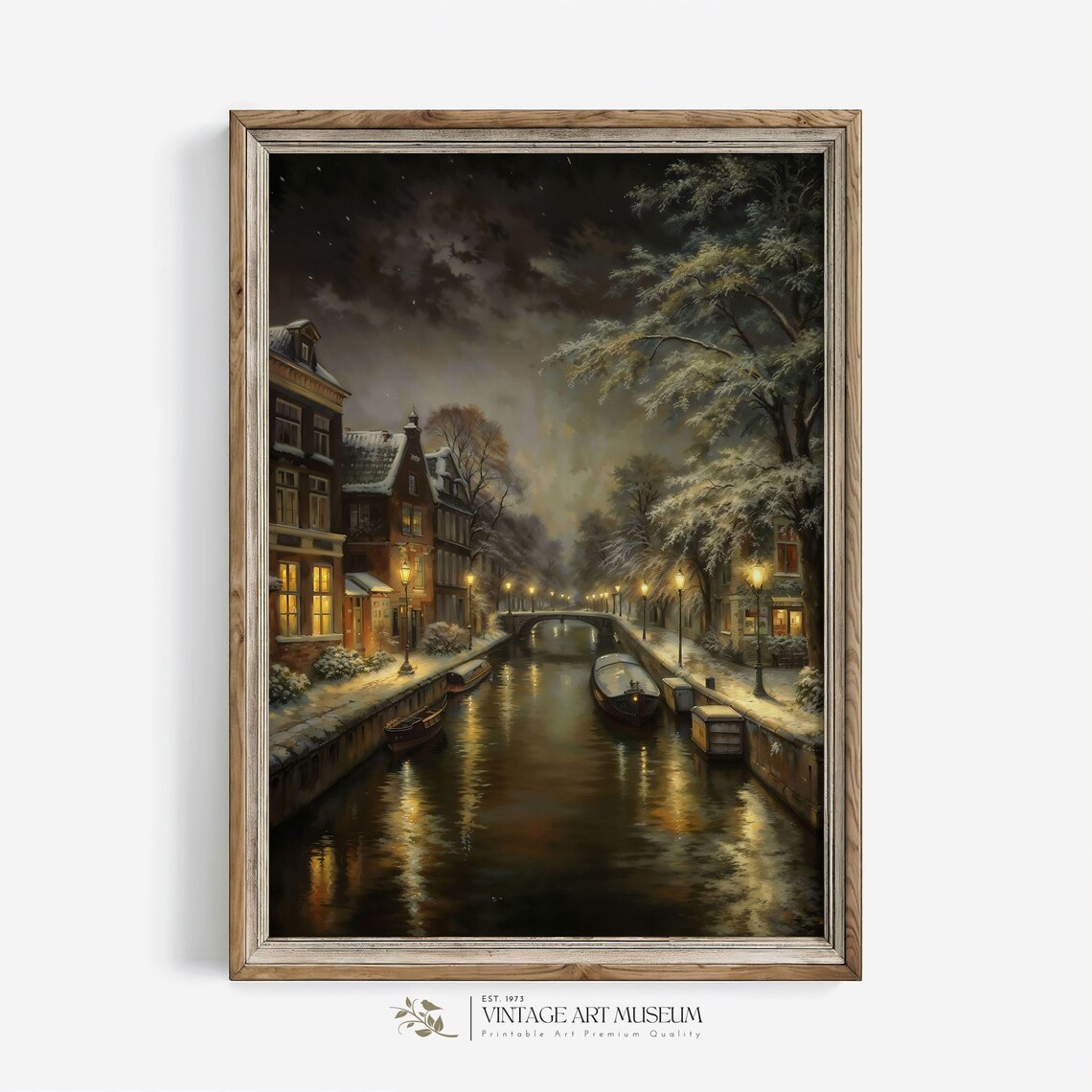 Snowy Amsterdam Canal At Night Lamplight Reflections Vintage Art Poster