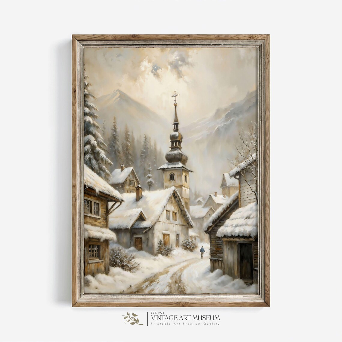 Snowy Village Christmas Winter Print, Rustic Holiday