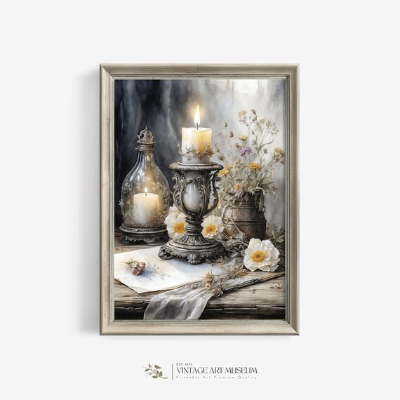 Antique Candle With Wildflowers, Vintage Watercolor Art Print