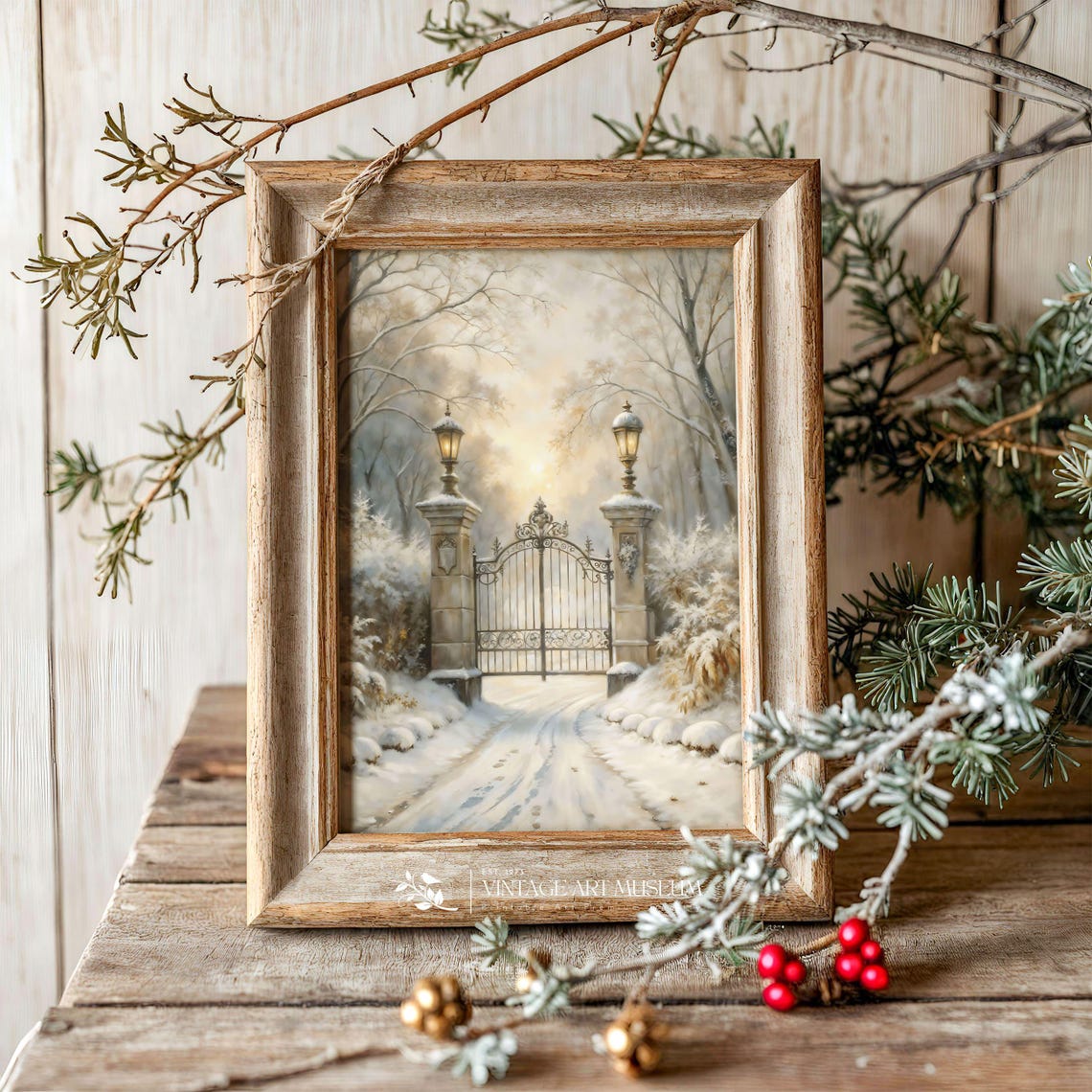 Snowy Winter Gate with Lanterns Vintage Landscape Room Wall Poster - Image 2