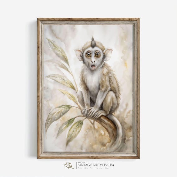 Unique Vintage Style Nursery Wall Art Surprised Cute Monkey Watercolor Large Print 606