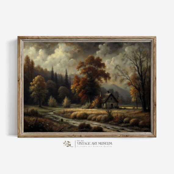Moody Autumn Rural Fall Landscape, Vintage Oil Print