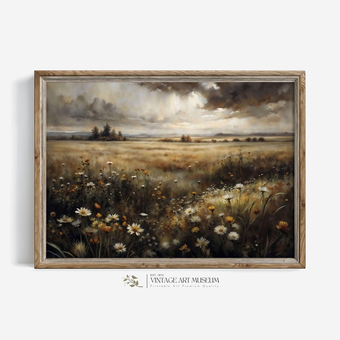 Spring Wildflower Field Under Dramatic Sky Vintage Meadow Painting Poster