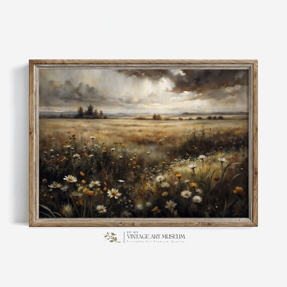 Spring Wildflower Field Under Dramatic Sky Vintage Meadow Painting Poster