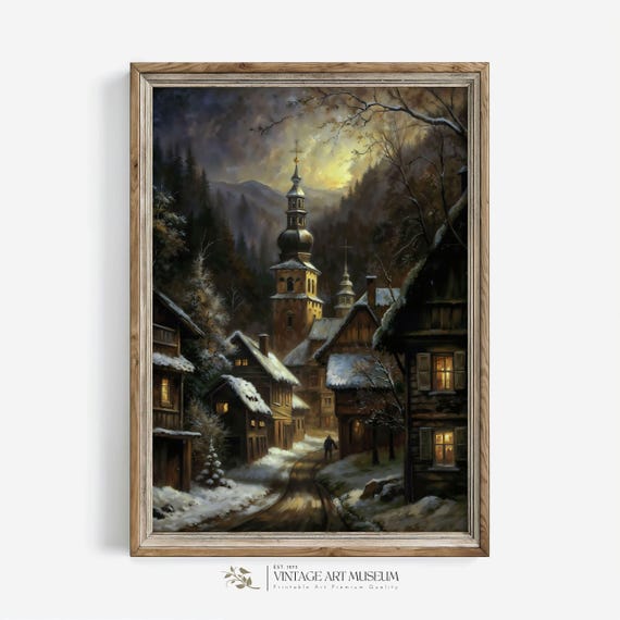 Night Abode Of Winter Snowy Village Dark Moody Wall Art Vintage Style Oil Painting For Cottagecore Rustic Decor 84