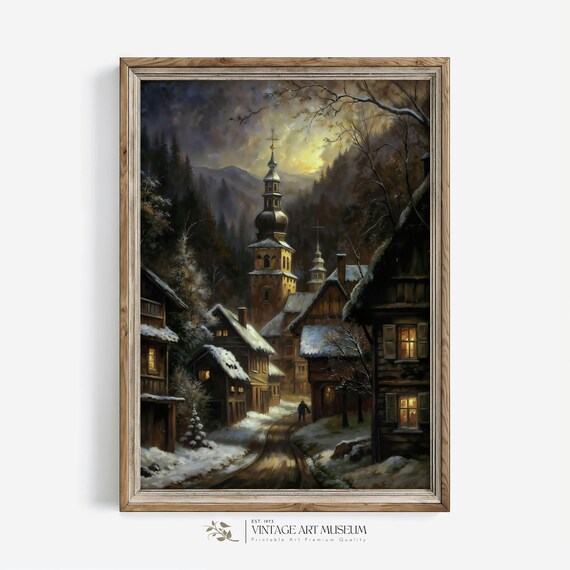 Snowy Mountain Village At Night Church Steeple Vintage Oil Painting Poster