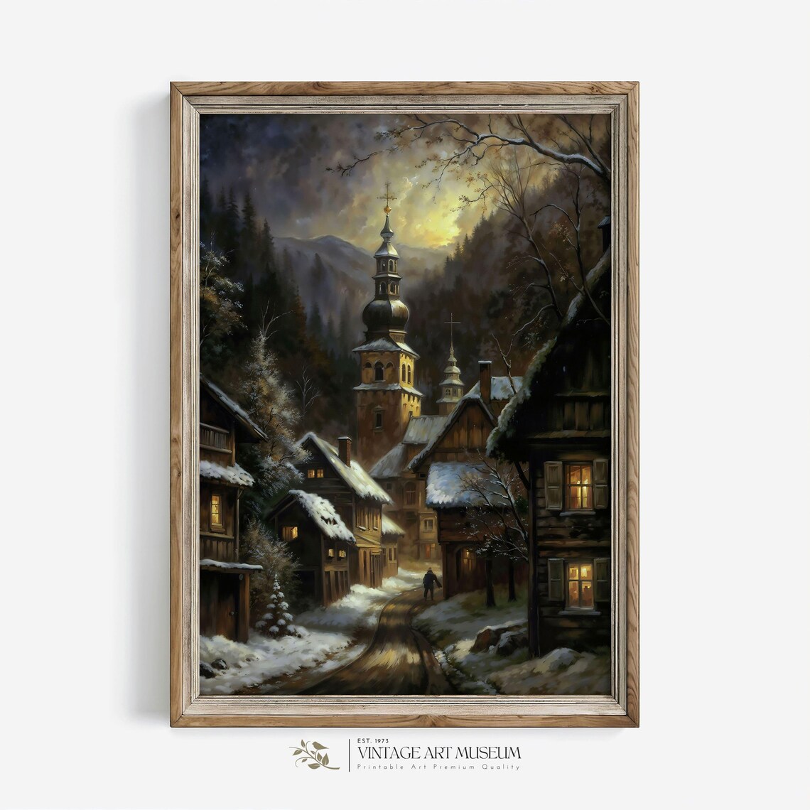Snowy Mountain Village At Night Church Steeple Vintage Oil Painting Poster