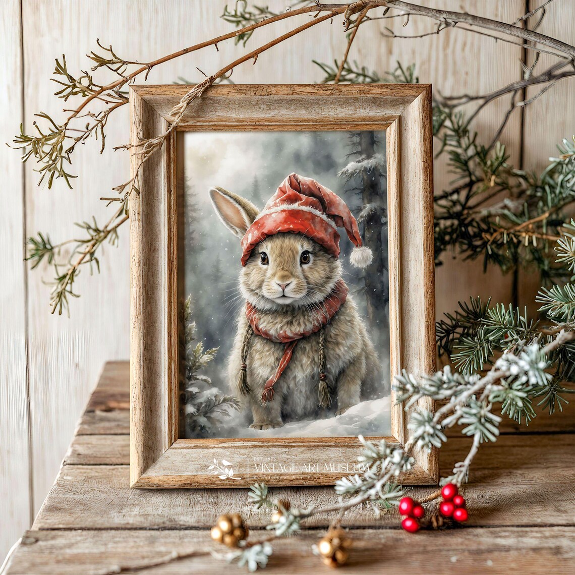 Christmas Bunny in Santa's Hat Vintage Holiday Art Print - Image 3