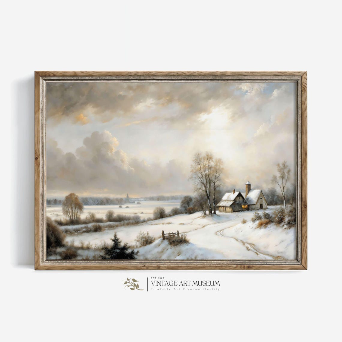 Wide Winter Farm Landscape With Barn and Dramatic Cloudy Sky Poster