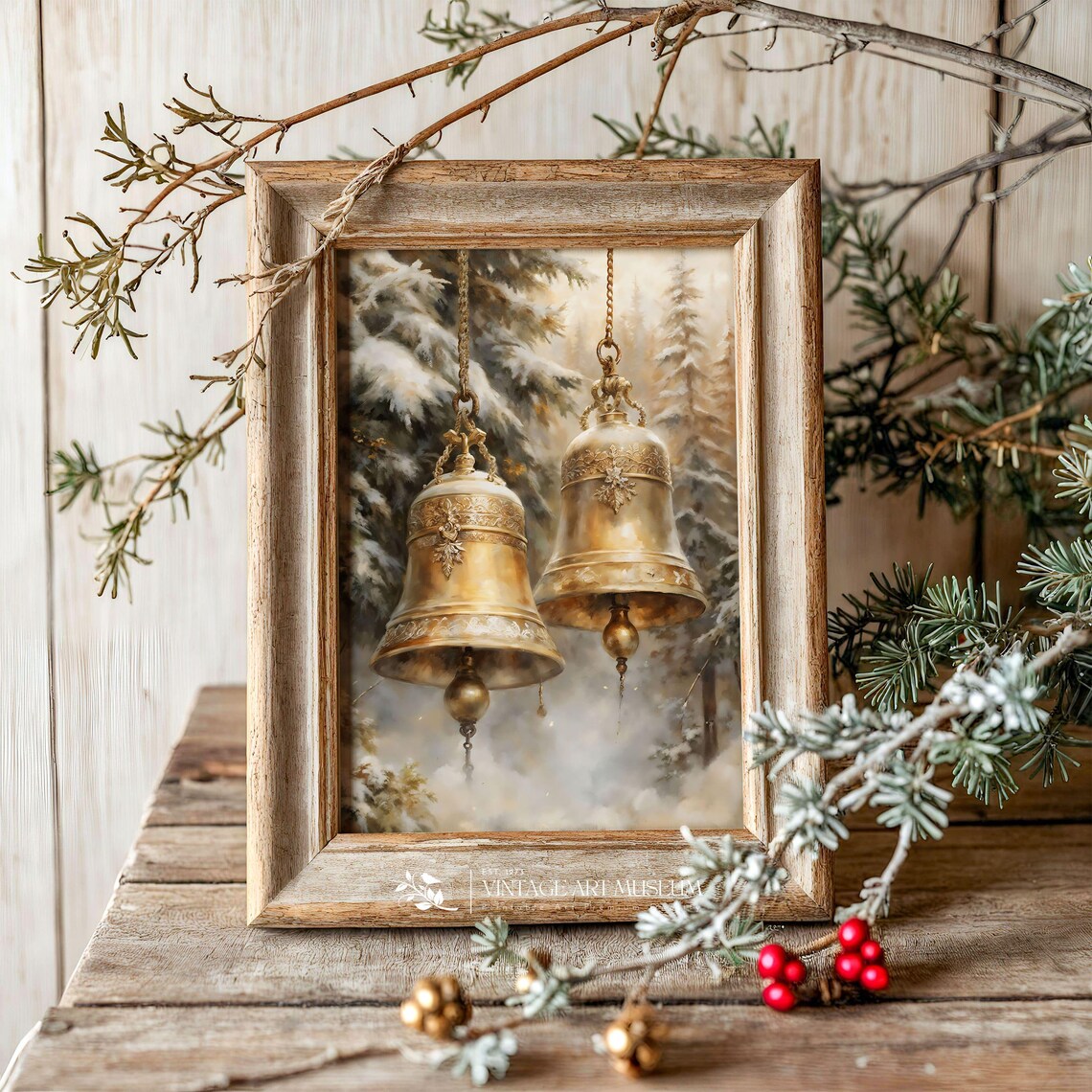 Two Golden Christmas Bells Vintage Style Art Print - Image 2