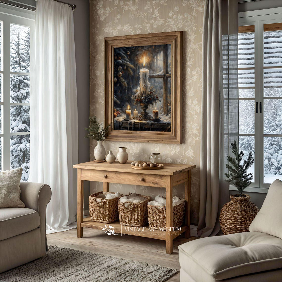 Lit Christmas Candle by Snowy Window Dark Moody Holiday Wall Art - Image 2