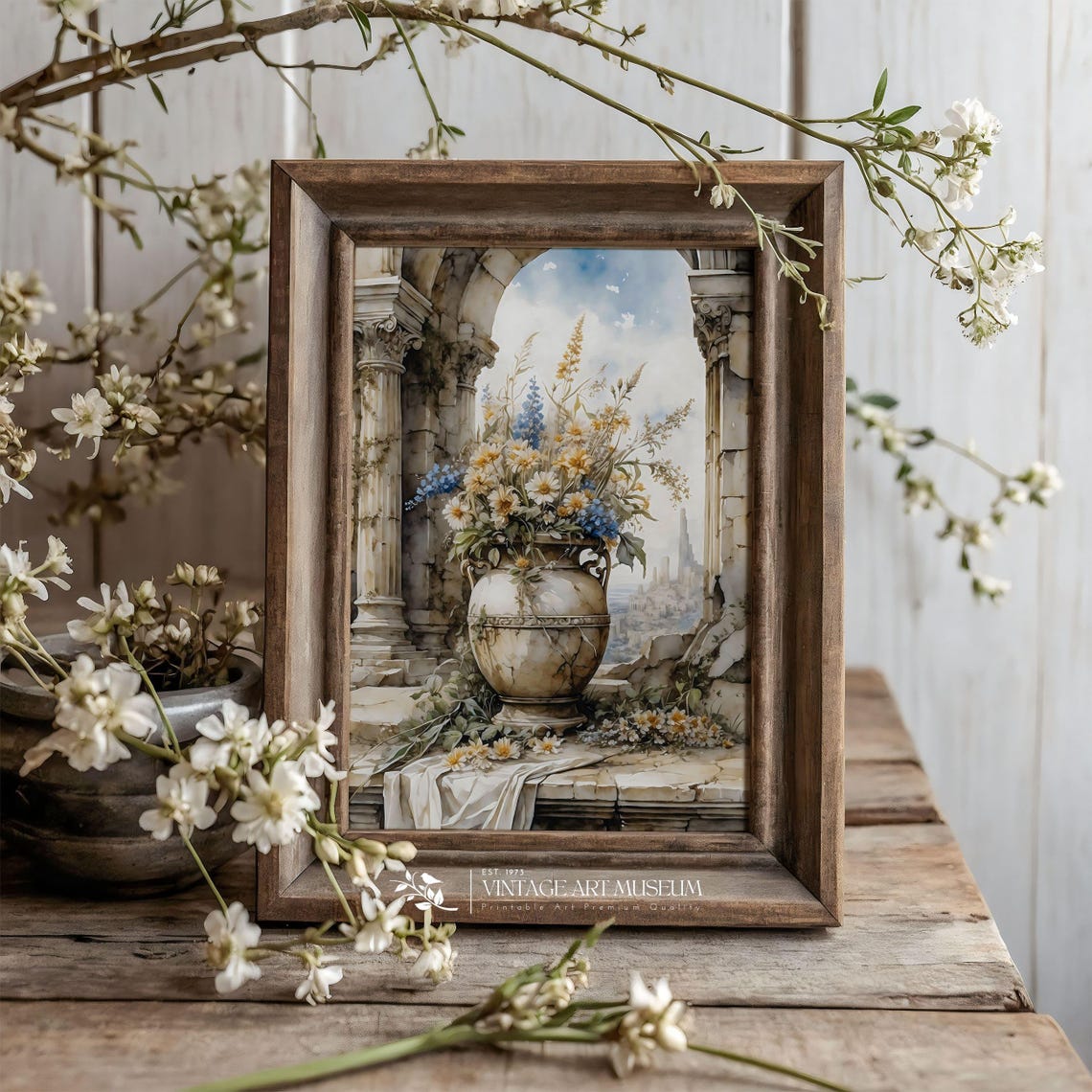 Ancient Stone Vase with Wildflowers Watercolor Classical Wall Art - Image 3