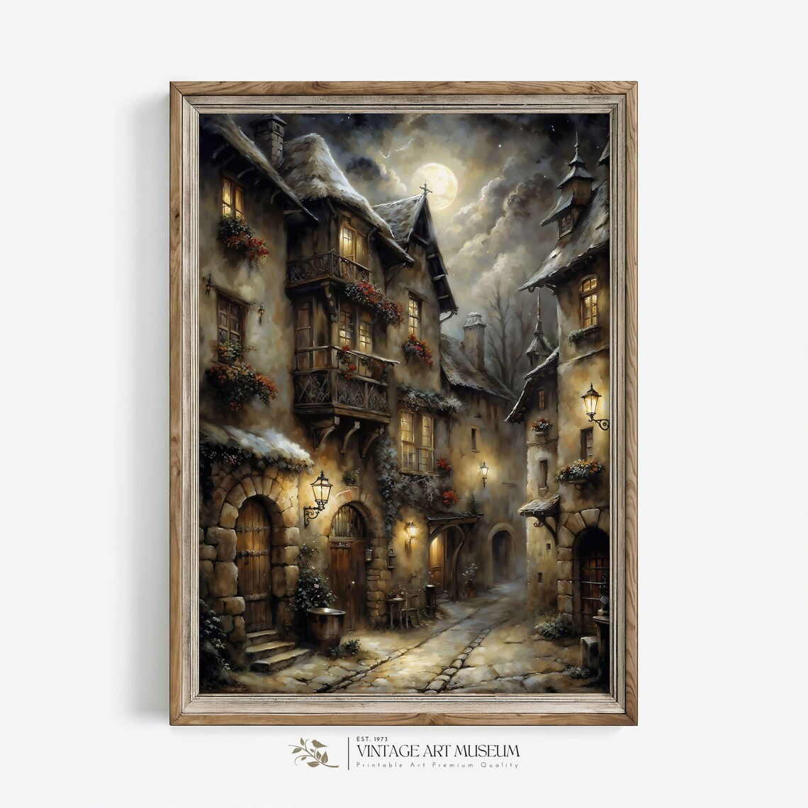 Snowy Old Town Street At Night Under Full Moon Vintage Painting Poster