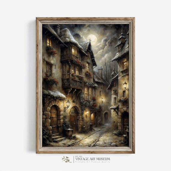 Snowy Old Town Street At Night Under Full Moon Vintage Painting Poster