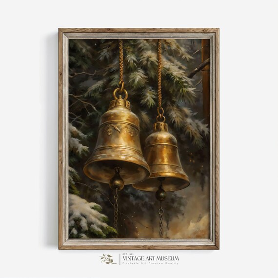 Antique Christmas Golden Bells Vintage Oil Painting