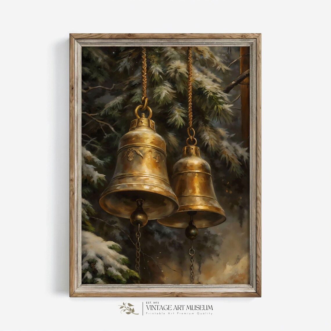Antique Christmas Golden Bells Vintage Oil Painting