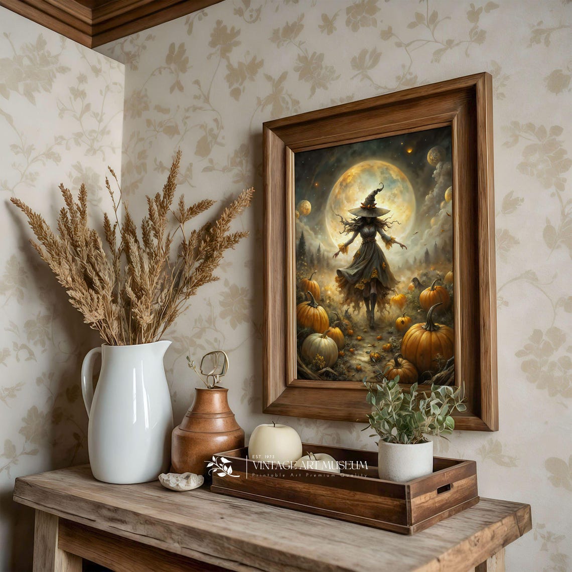 Dancing Witch Full Moon Pumpkin Patch Halloween Oil Painting Print - Image 3
