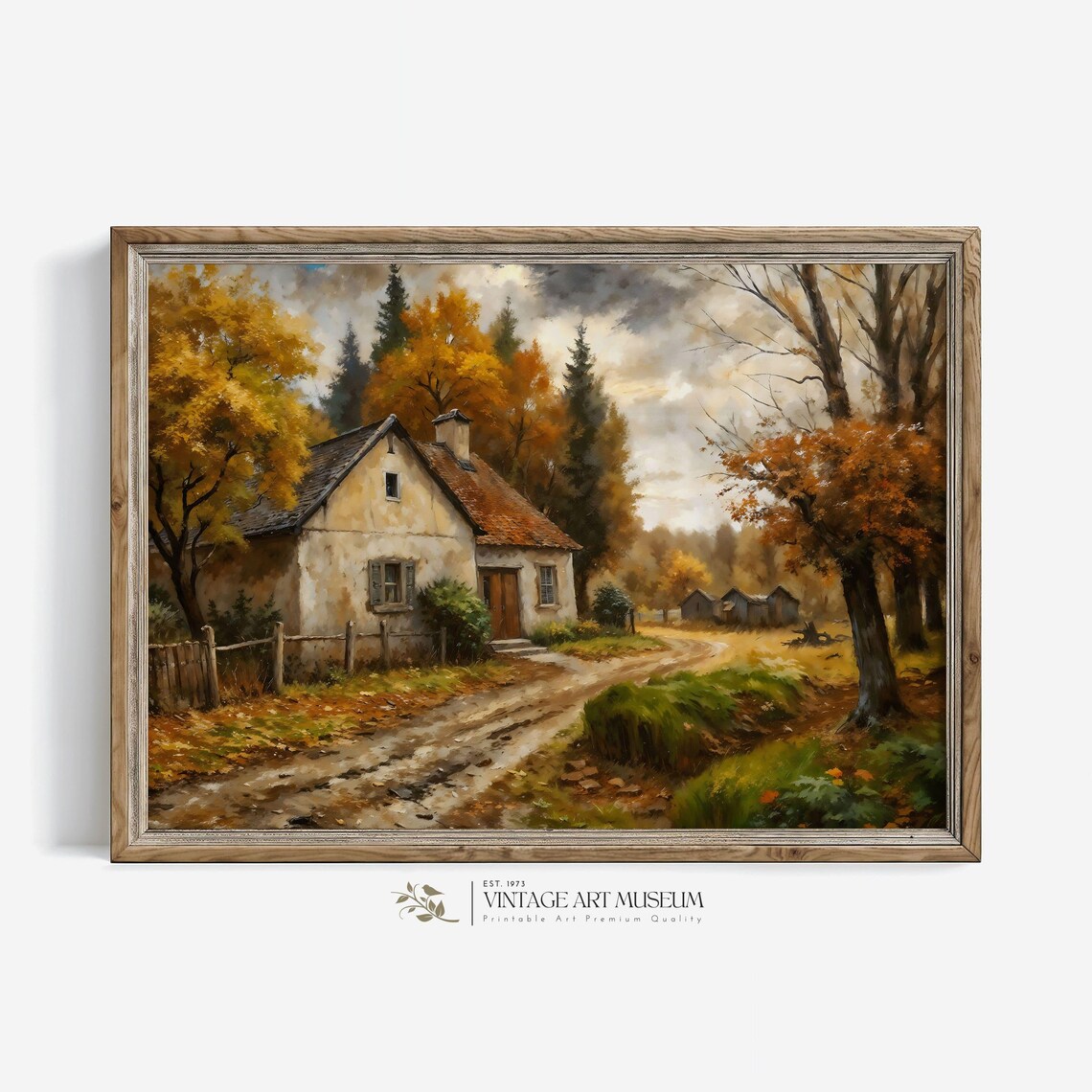 Autumn Farmhouse on Country Road Fall Village Oil Painting Wall Art