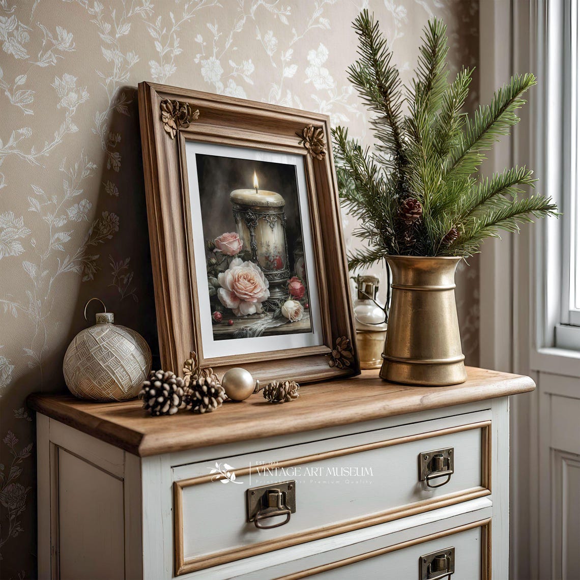 Victorian Candle with Roses Romantic Vintage Still Life Wall Art - Image 3