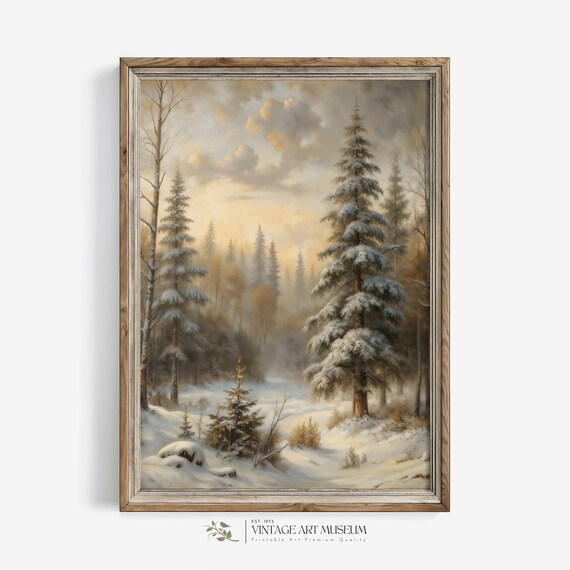 Tall Snowy Pine Forest At Sunrise Winter Landscape Vintage Painting Poster