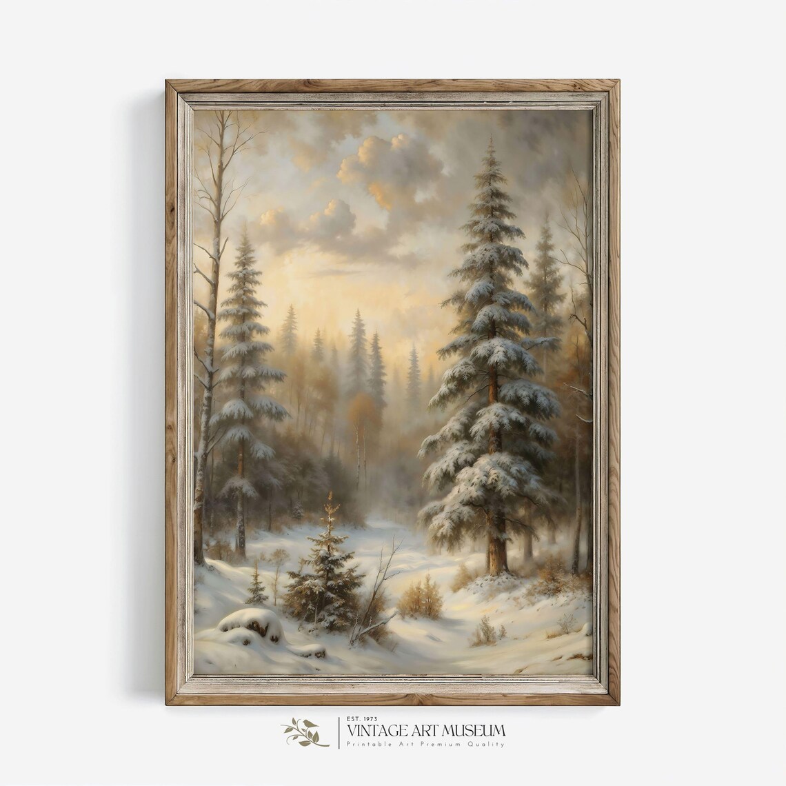 Tall Snowy Pine Forest At Sunrise Winter Landscape Vintage Painting Poster