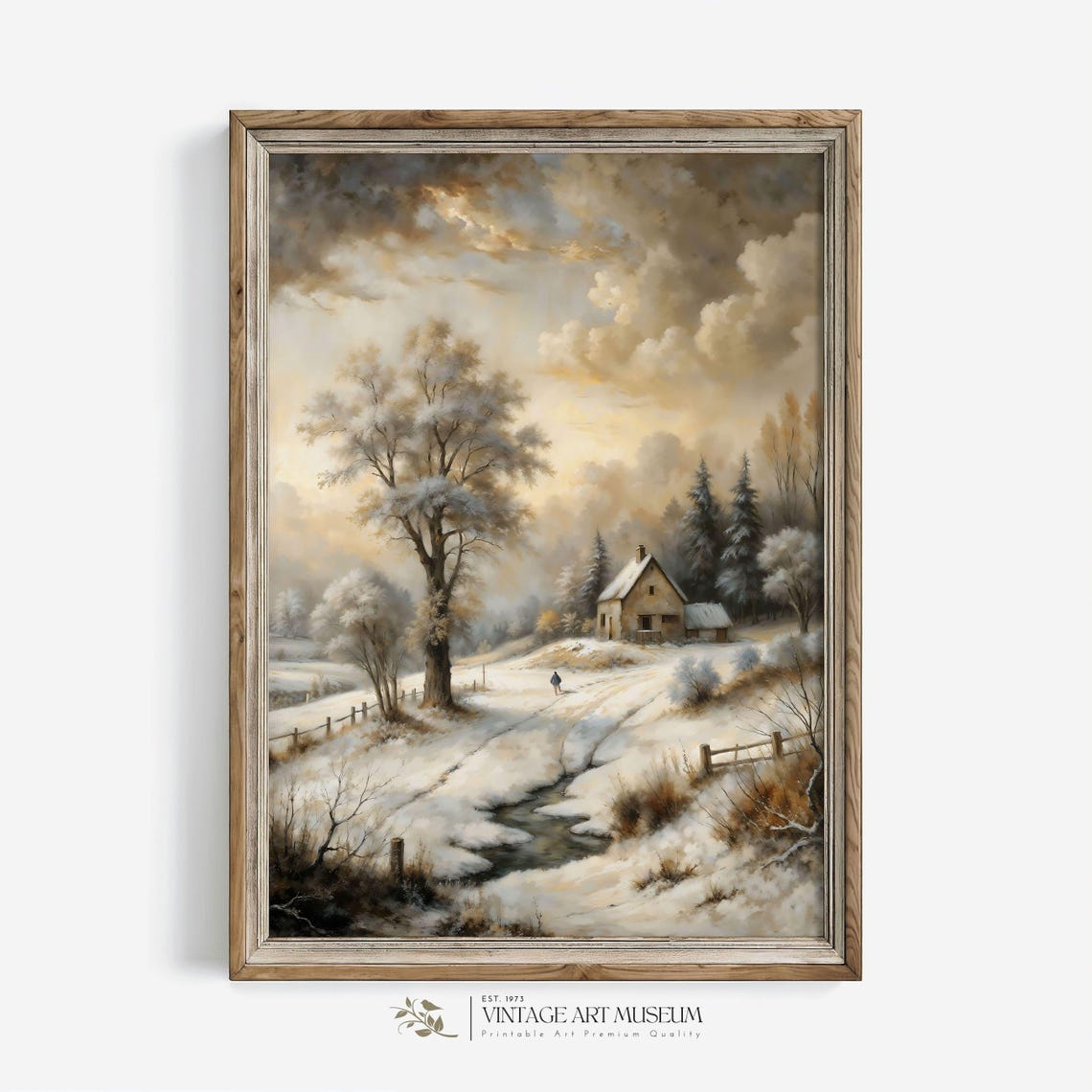 Winter Farmhouse With Lone Figure Walking a Snowy Path Poster