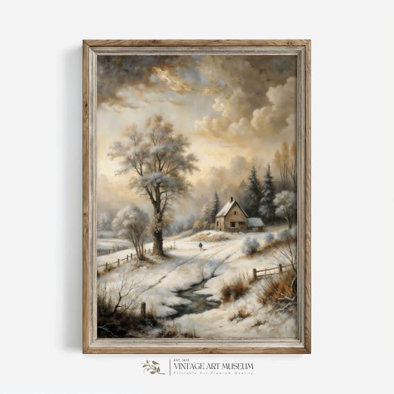 Wintery Landscape Outlook Print Cozy Snowy Scene Wall Art Print Warm Toned Vintage Style Large Cottagecore Decor Farmhouse 497