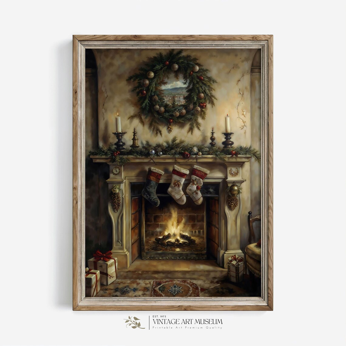 Fireplace Christmas Interior, Vintage Holiday Art Print