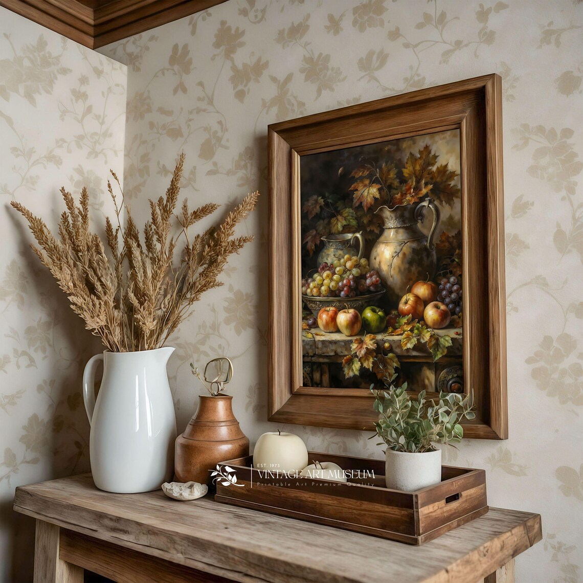 Fall Fruit Still Life with Grapes and Antique Pitchers Oil Painting Wall Art - Image 3