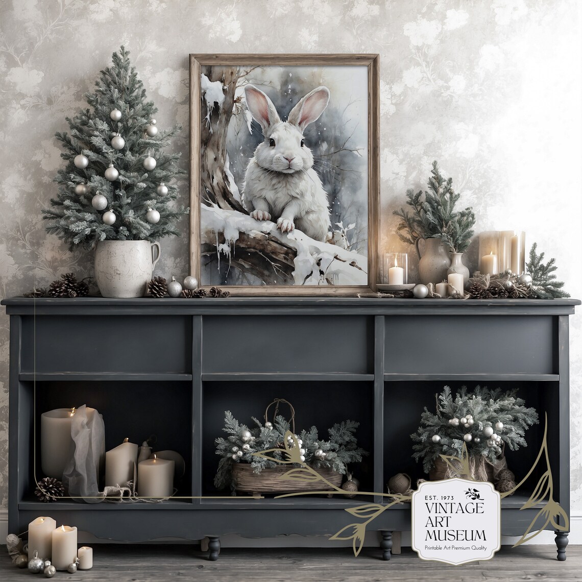 Cute Bunny Painting, Neutral Rustic Winter Art Print - Image 2