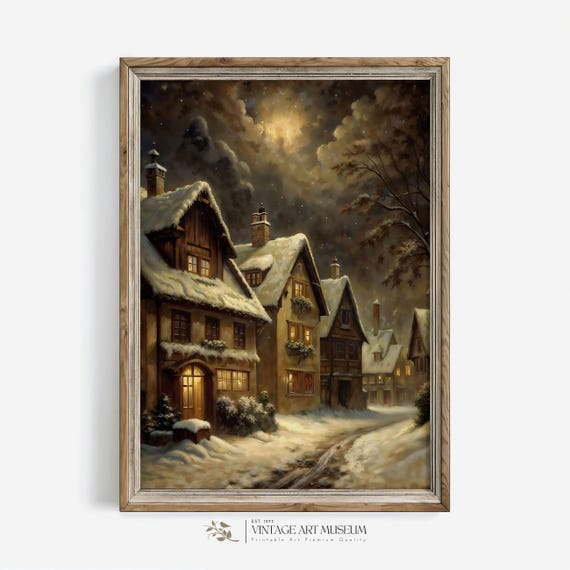 Winters Tranquil Abode Night Snowy Scene Vintage Style Oil Painting Artwork For Rustic Cottagecore Room Decor 236
