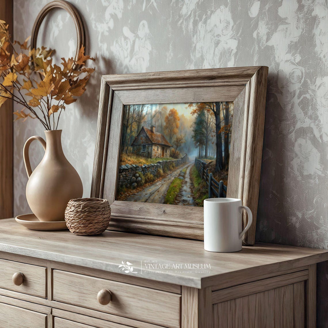 Autumn Stone Cottage on a Country Road Fall Landscape Wall Art - Image 3